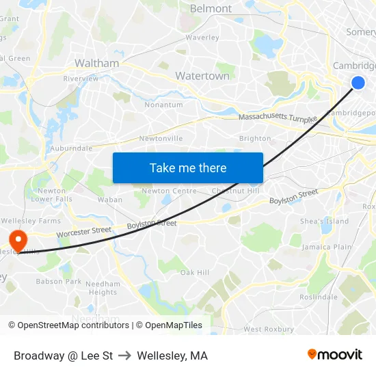 Broadway @ Lee St to Wellesley, MA map