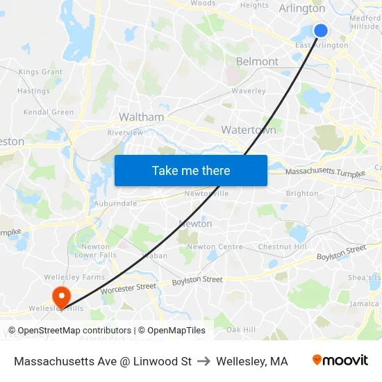 Massachusetts Ave @ Linwood St to Wellesley, MA map