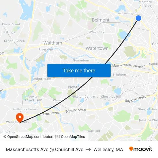 Massachusetts Ave @ Churchill Ave to Wellesley, MA map