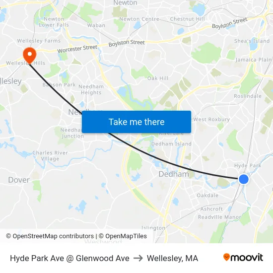 Hyde Park Ave @ Glenwood Ave to Wellesley, MA map