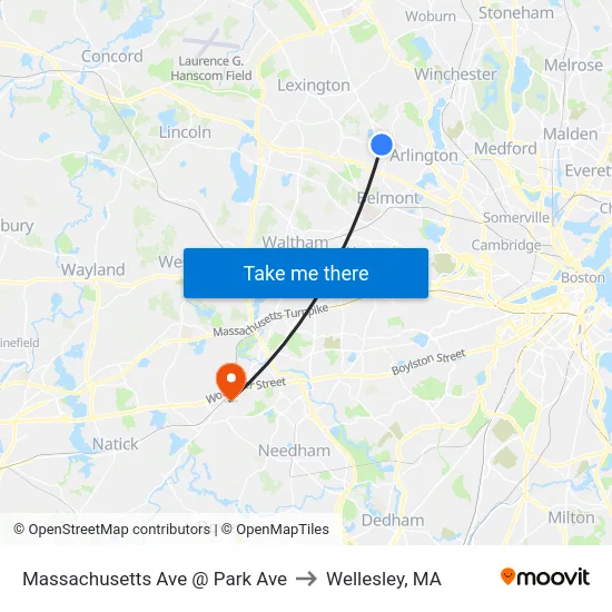 Massachusetts Ave @ Park Ave to Wellesley, MA map