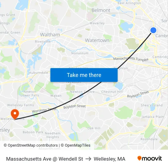 Massachusetts Ave @ Wendell St to Wellesley, MA map