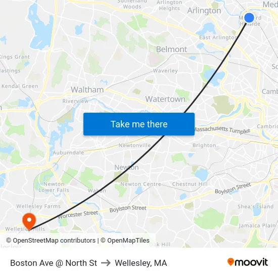Boston Ave @ North St to Wellesley, MA map