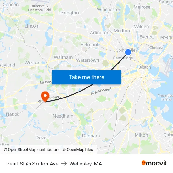 Pearl St @ Skilton Ave to Wellesley, MA map