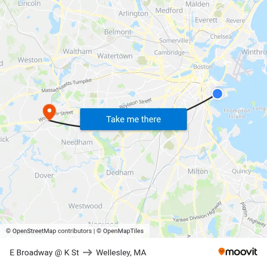 E Broadway @ K St to Wellesley, MA map