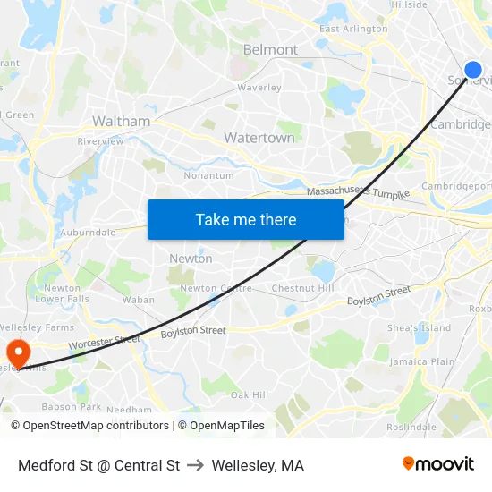 Medford St @ Central St to Wellesley, MA map