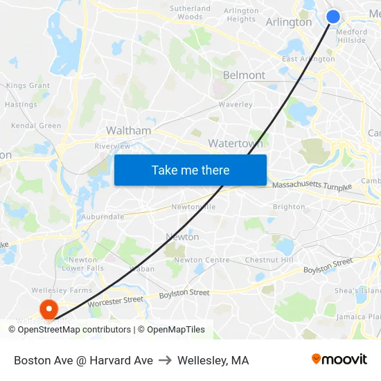 Boston Ave @ Harvard Ave to Wellesley, MA map