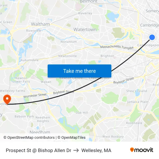 Prospect St @ Bishop Allen Dr to Wellesley, MA map