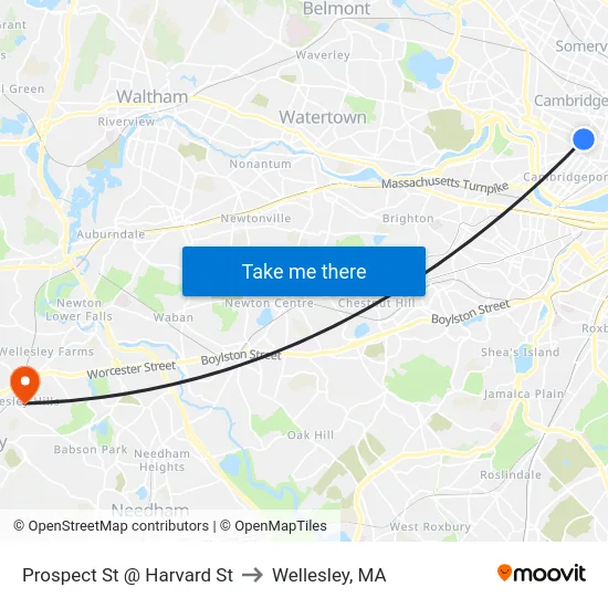 Prospect St @ Harvard St to Wellesley, MA map
