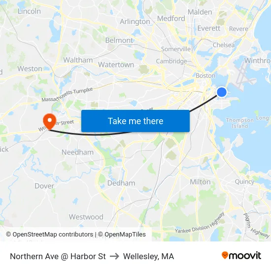 Northern Ave @ Harbor St to Wellesley, MA map