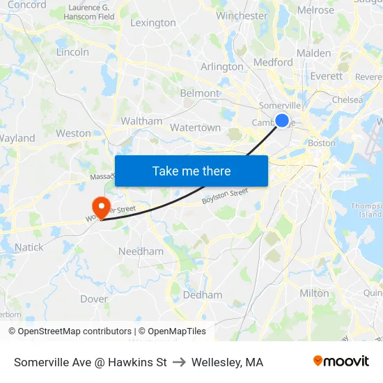 Somerville Ave @ Hawkins St to Wellesley, MA map