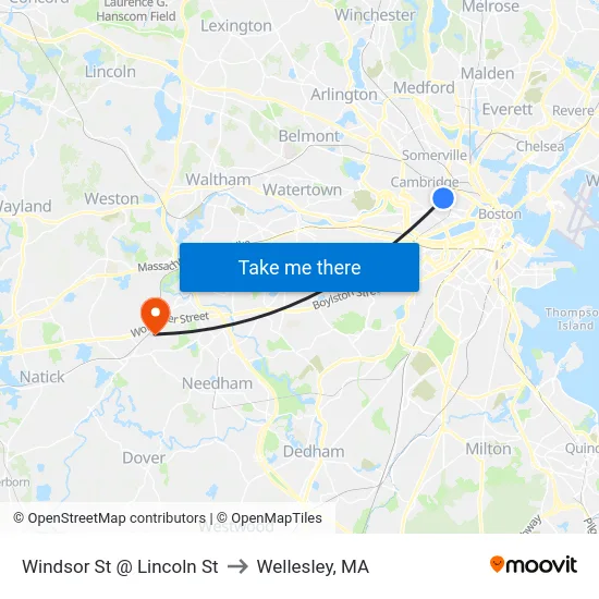 Windsor St @ Lincoln St to Wellesley, MA map