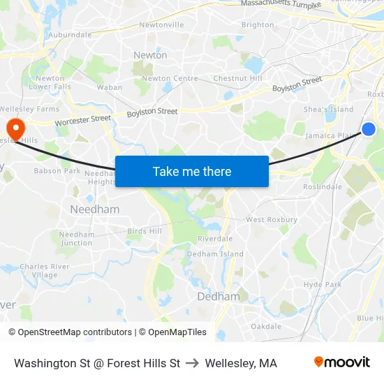 Washington St @ Forest Hills St to Wellesley, MA map