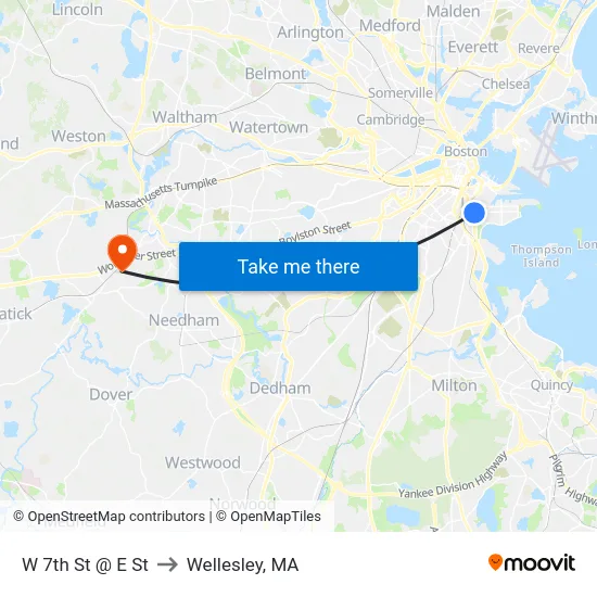 W 7th St @ E St to Wellesley, MA map