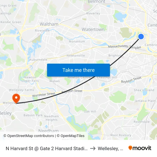 N Harvard St @ Gate 2 Harvard Stadium to Wellesley, MA map