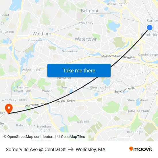 Somerville Ave @ Central St to Wellesley, MA map