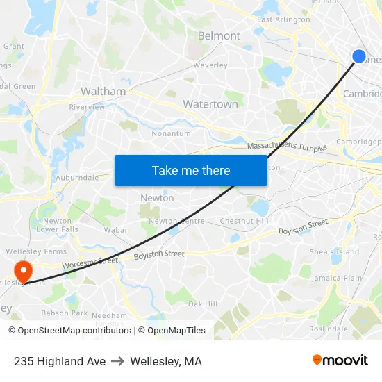 235 Highland Ave to Wellesley, MA map