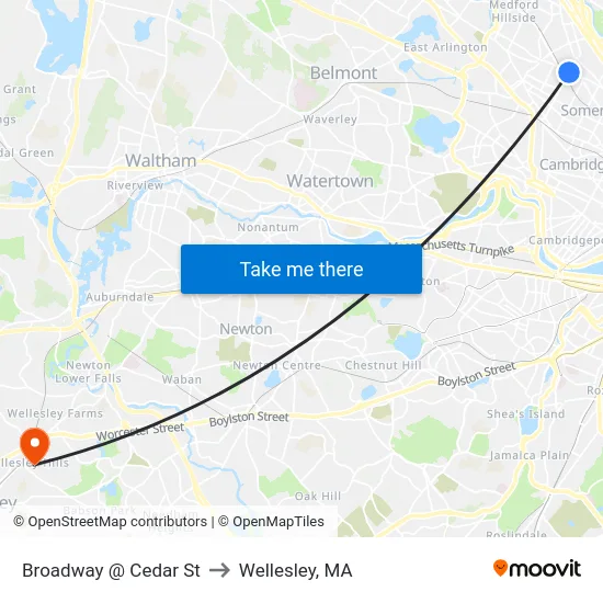 Broadway @ Cedar St to Wellesley, MA map