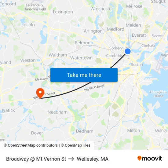 Broadway @ Mt Vernon St to Wellesley, MA map