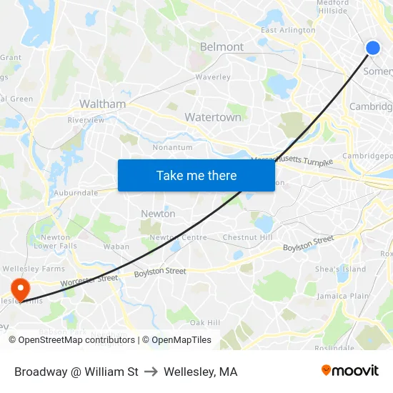 Broadway @ William St to Wellesley, MA map