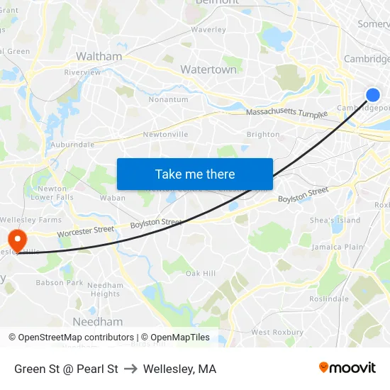 Green St @ Pearl St to Wellesley, MA map