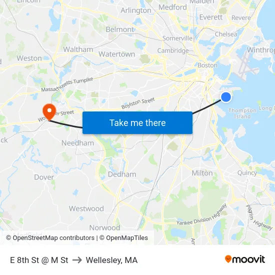 E 8th St @ M St to Wellesley, MA map