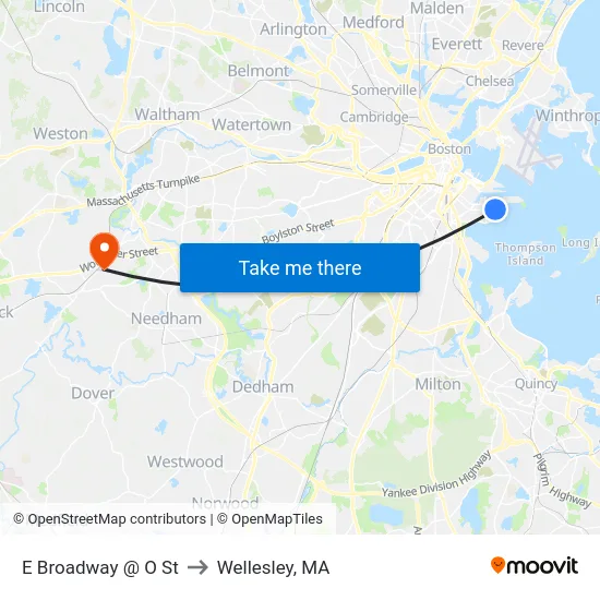 E Broadway @ O St to Wellesley, MA map