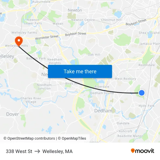 338 West St to Wellesley, MA map