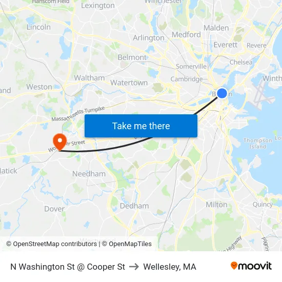 N Washington St @ Cooper St to Wellesley, MA map
