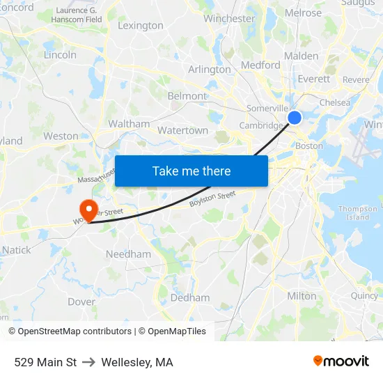 529 Main St to Wellesley, MA map
