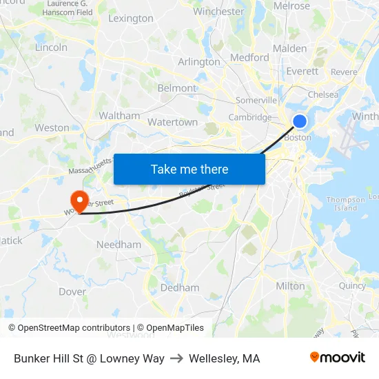 Bunker Hill St @ Lowney Way to Wellesley, MA map