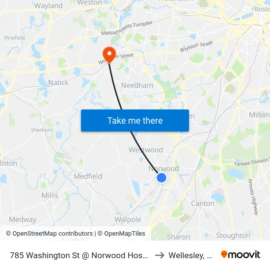 785 Washington St @ Norwood Hospital to Wellesley, MA map