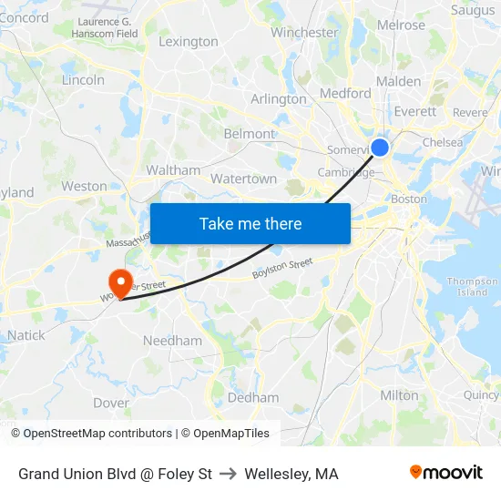 Grand Union Blvd @ Foley St to Wellesley, MA map