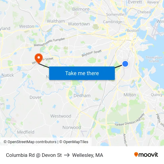 Columbia Rd @ Devon St to Wellesley, MA map