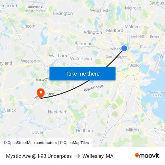 Mystic Ave @ I-93 Underpass to Wellesley, MA map