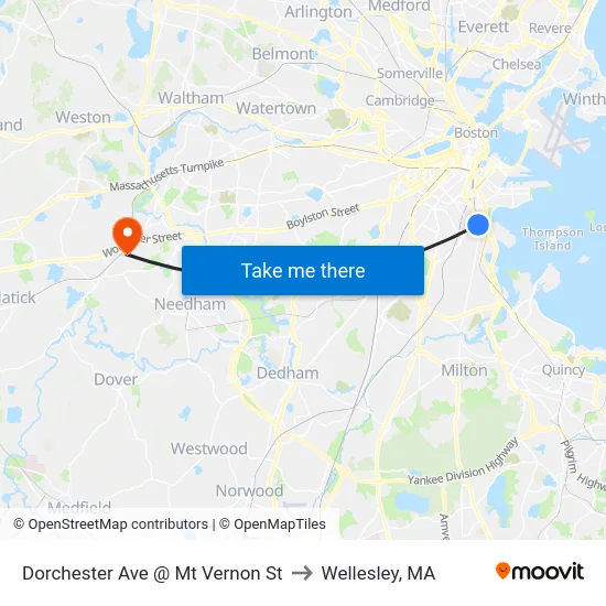 Dorchester Ave @ Mt Vernon St to Wellesley, MA map