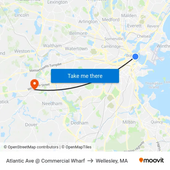 Atlantic Ave @ Commercial Wharf to Wellesley, MA map