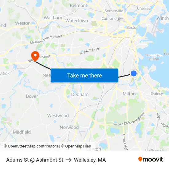 Adams St @ Ashmont St to Wellesley, MA map