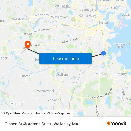 Gibson St @ Adams St to Wellesley, MA map