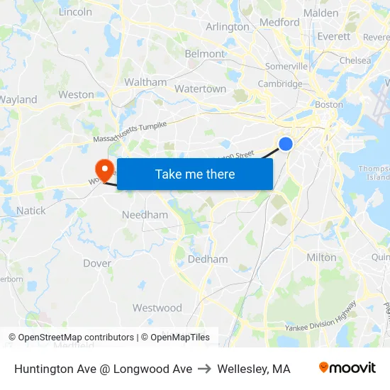 Huntington Ave @ Longwood Ave to Wellesley, MA map