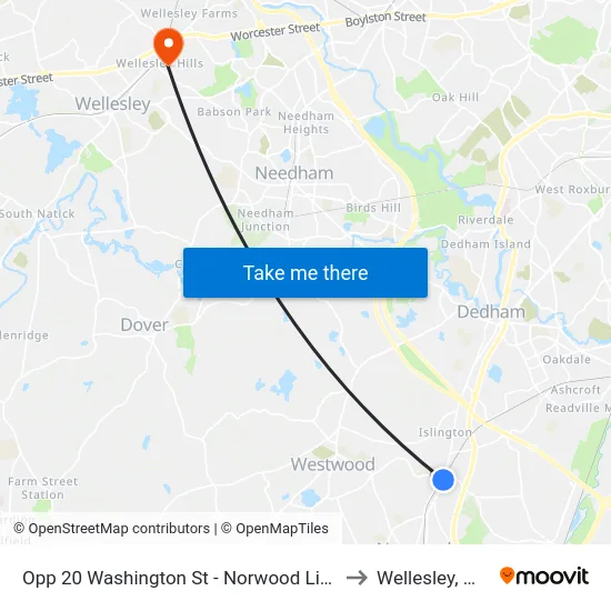 Opp 20 Washington St - Norwood Line to Wellesley, MA map