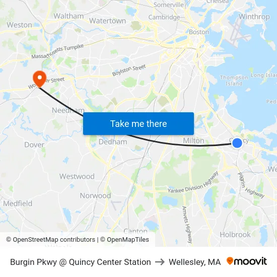 Burgin Pkwy @ Quincy Center Station to Wellesley, MA map