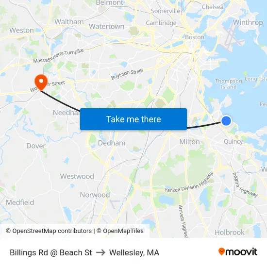 Billings Rd @ Beach St to Wellesley, MA map