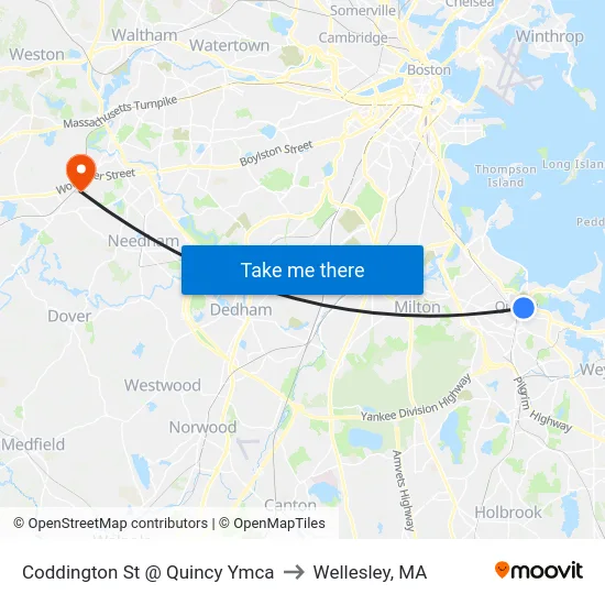 Coddington St @ Quincy Ymca to Wellesley, MA map