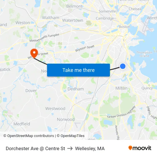 Dorchester Ave @ Centre St to Wellesley, MA map