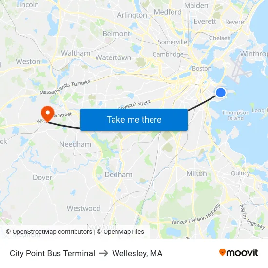 City Point Bus Terminal to Wellesley, MA map