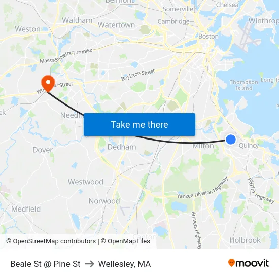 Beale St @ Pine St to Wellesley, MA map
