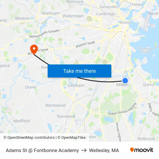 Adams St @ Fontbonne Academy to Wellesley, MA map