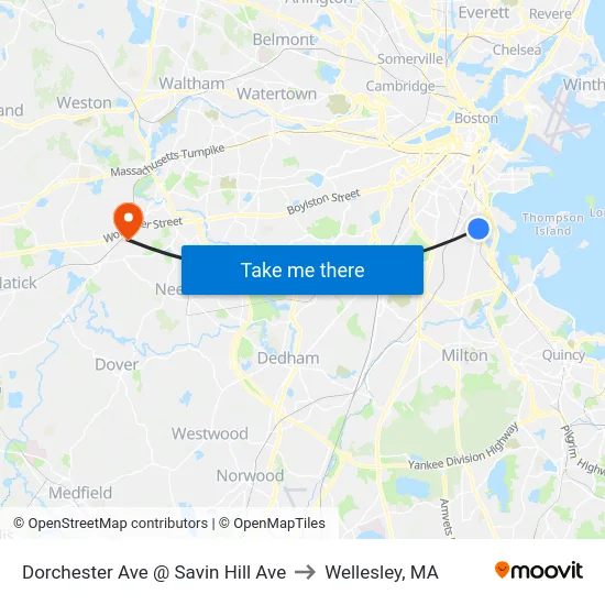 Dorchester Ave @ Savin Hill Ave to Wellesley, MA map