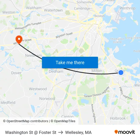 Washington St @ Foster St to Wellesley, MA map